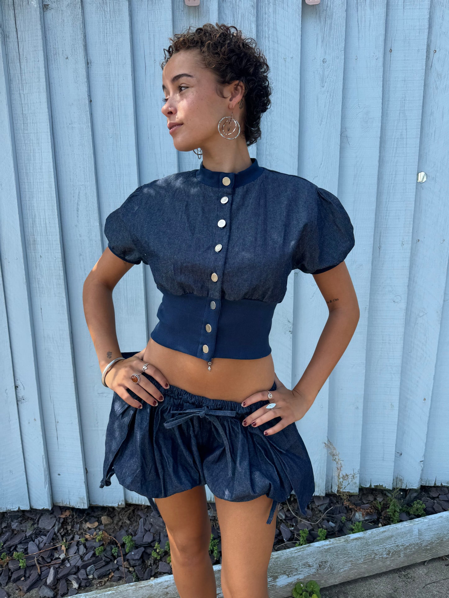 Short Sleeved Button Oshi Jacket - Denim